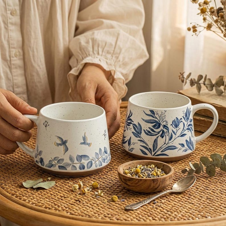 Ceramic Mug Set Handmade: Blue Floral Botanical Tea Cups