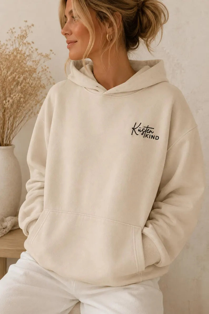 Embroidered Oversized Hoodie "Coastal Child" - Minimalist Unisex Hoodie & Coastal Boho Beach Pullover