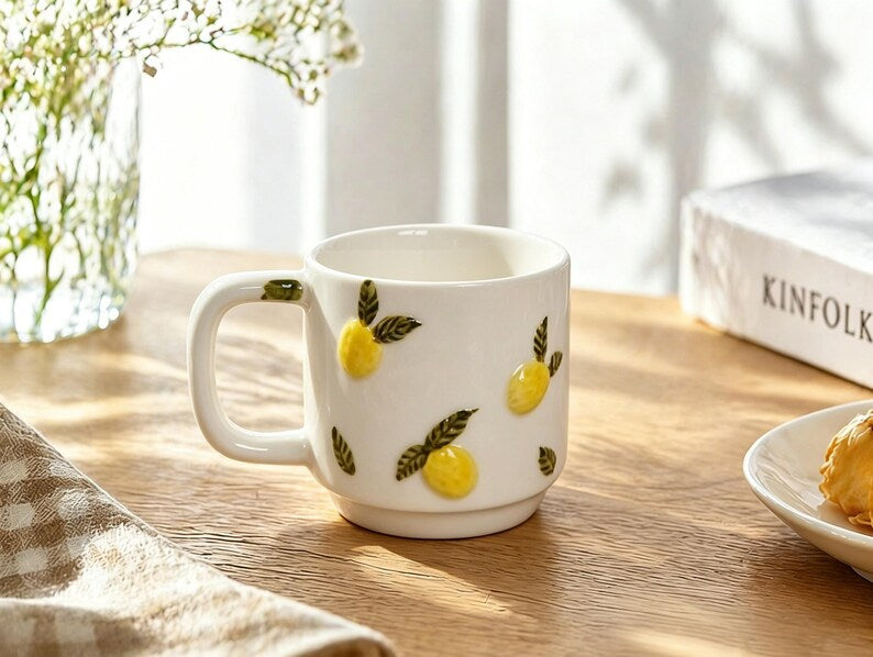 Ceramic Coffee Mug: Handcrafted Embossed Daisy & Hand-Painted Lemon Cup
