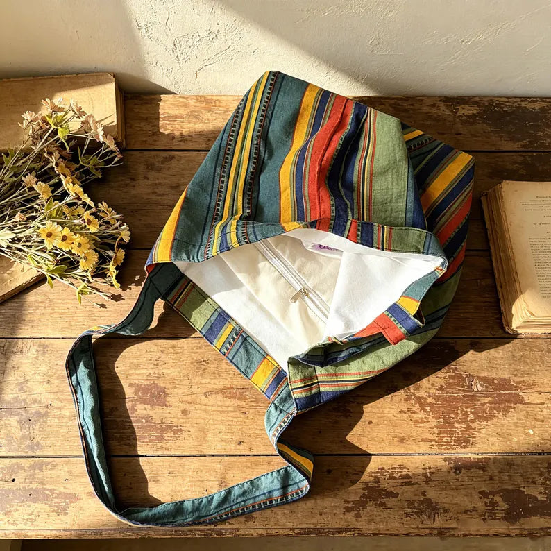 Vintage Rainbow Stripe Shoulder Tote Bag