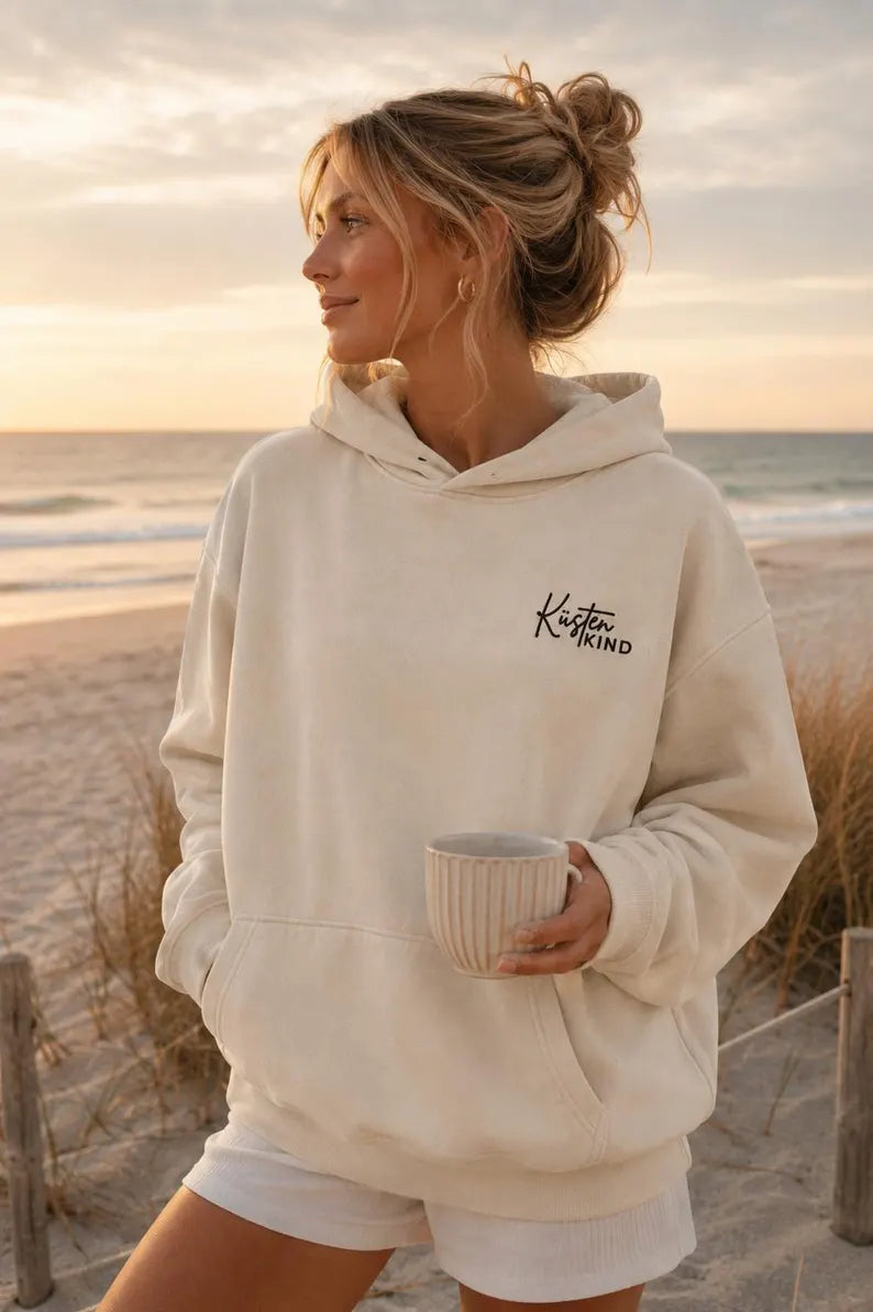 Embroidered Oversized Hoodie "Coastal Child" - Minimalist Unisex Hoodie & Coastal Boho Beach Pullover