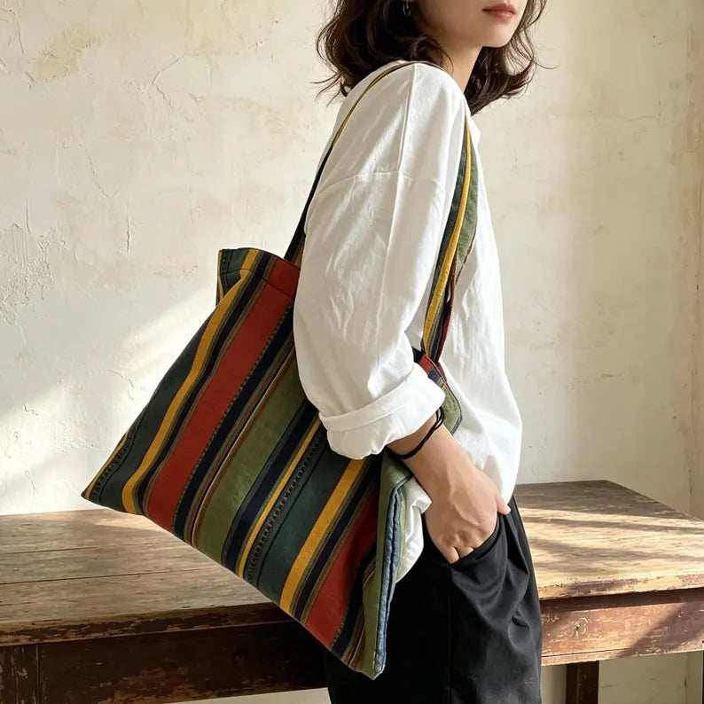 Vintage Rainbow Stripe Shoulder Tote Bag