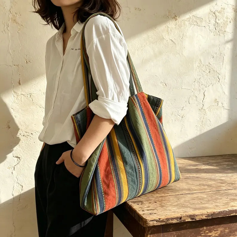 Vintage Rainbow Stripe Shoulder Tote Bag