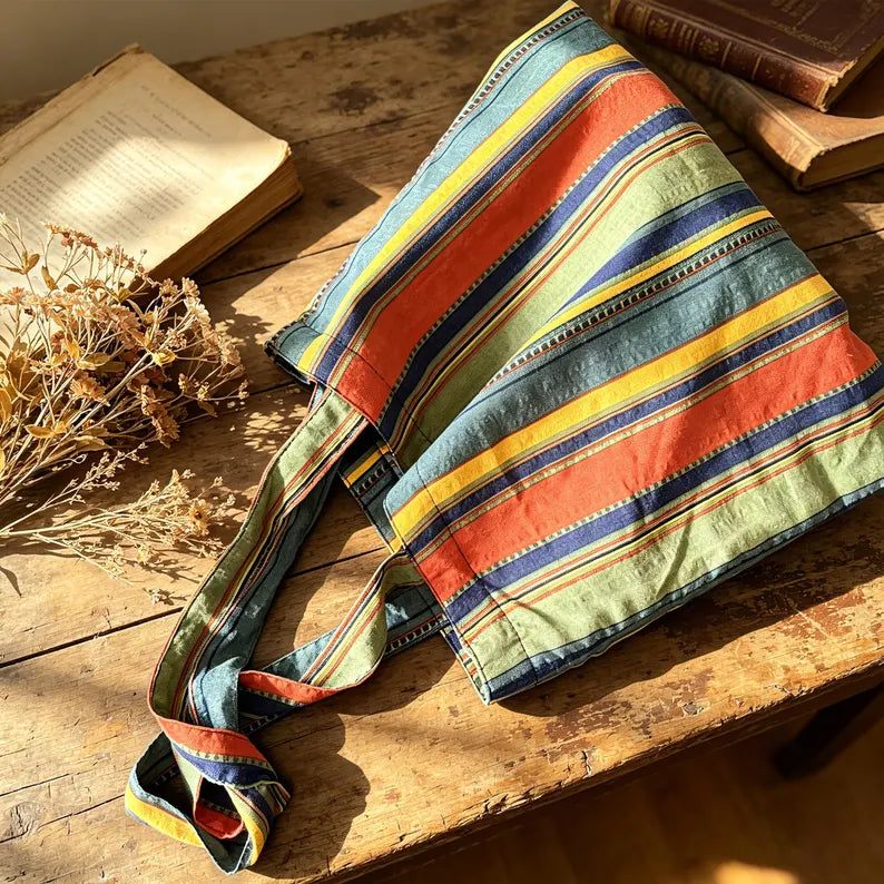 Vintage Rainbow Stripe Shoulder Tote Bag