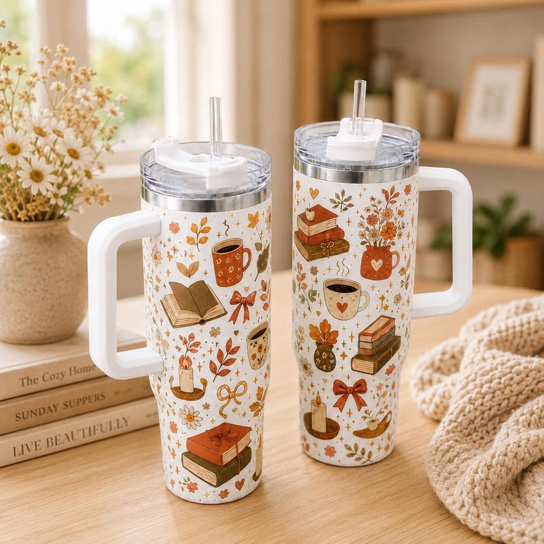 Cozy Bookish Floral Tumbler: Book Lover Travel Coffee Mug