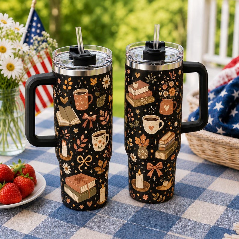 Cozy Bookish Floral Tumbler: Book Lover Travel Coffee Mug