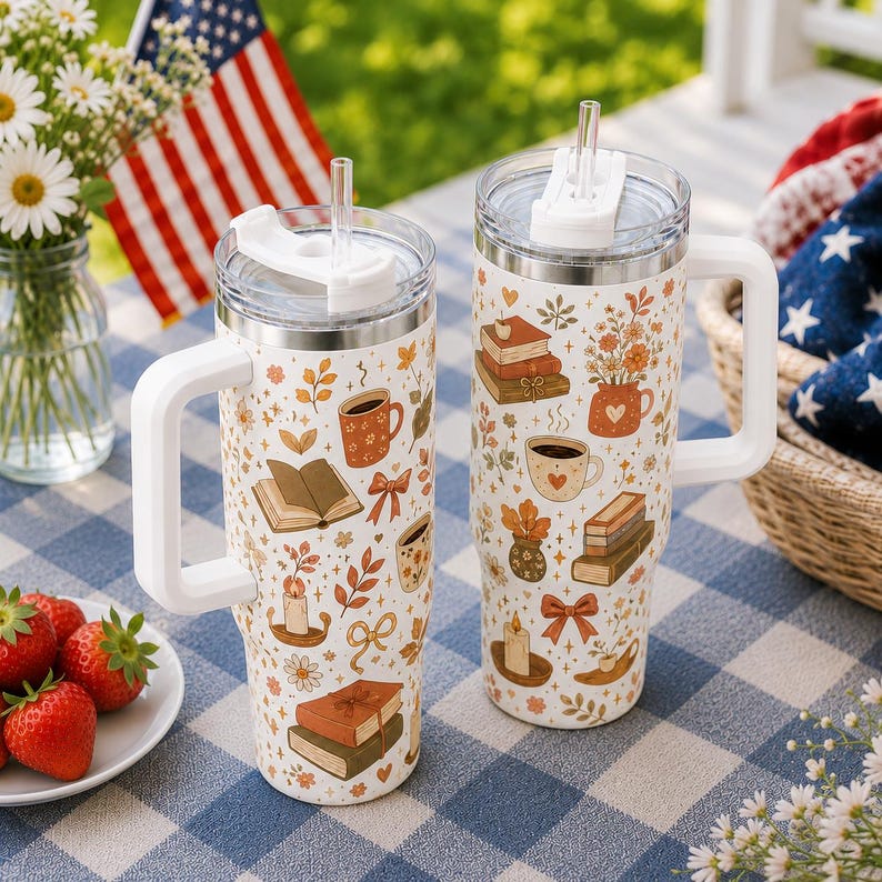 Cozy Bookish Floral Tumbler: Book Lover Travel Coffee Mug