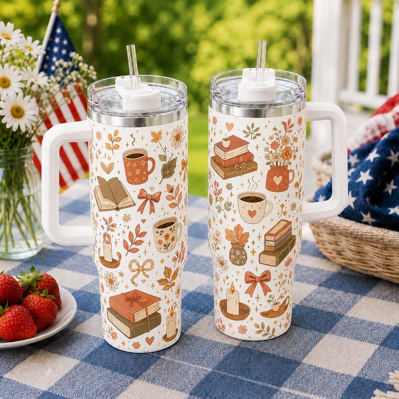 Cozy Bookish Floral Tumbler: Book Lover Travel Coffee Mug