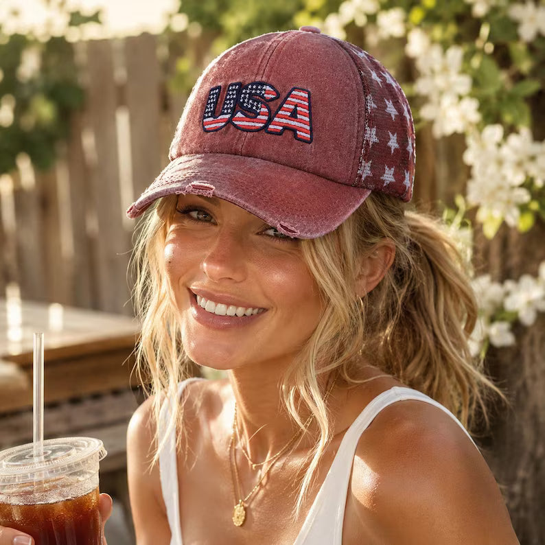 Distressed USA Flag Embroidered Baseball Cap
