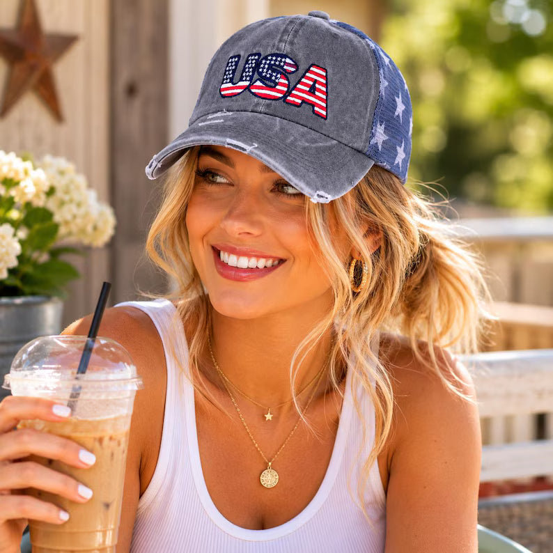 Distressed USA Flag Embroidered Baseball Cap