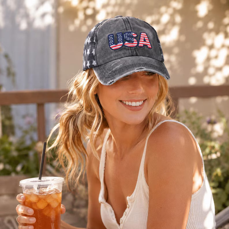 Distressed USA Flag Embroidered Baseball Cap