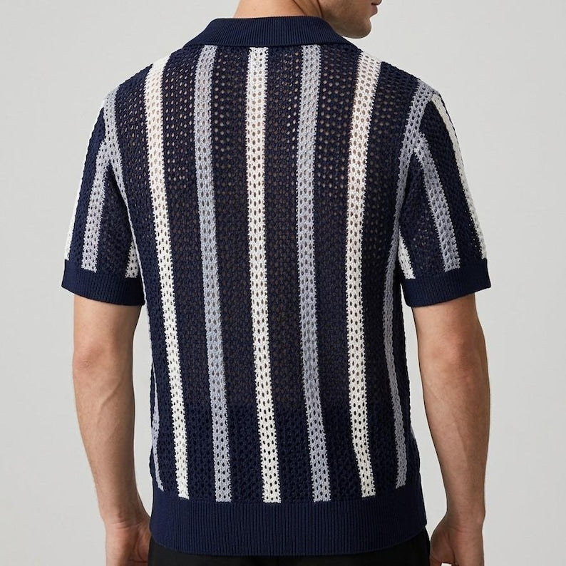 Men's Knit Polo Shirt: Open-Knit Striped Summer Beach Top