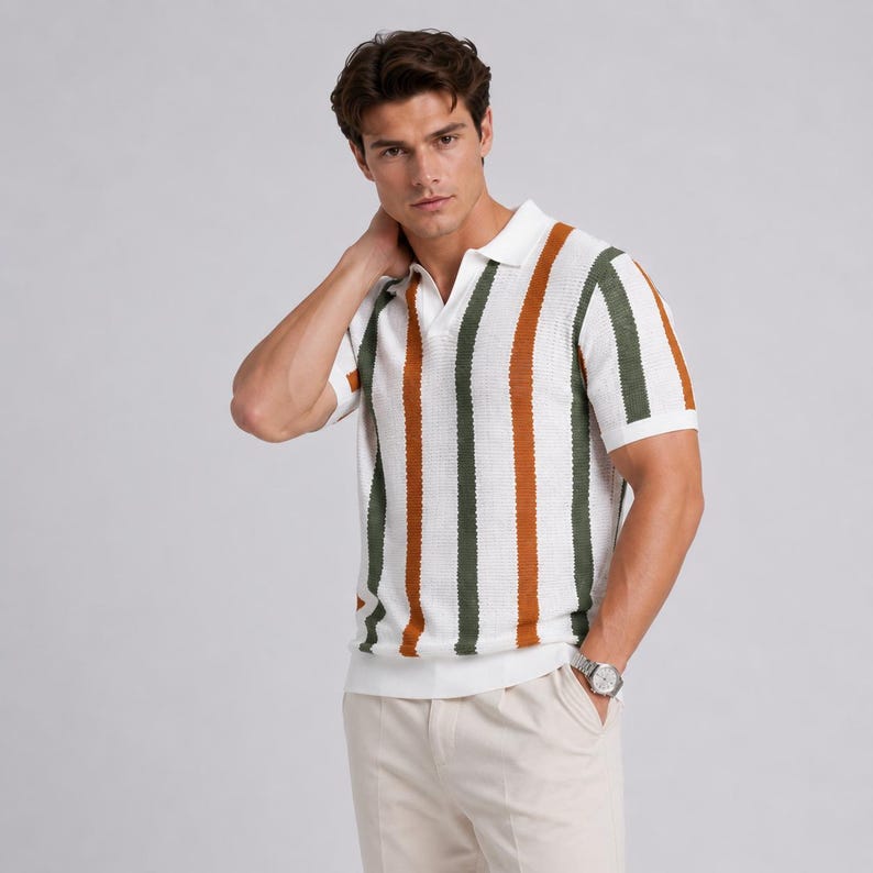 Men's Knit Polo Shirt: Ribbed Striped Short Sleeve Top, Retro Vintage Style