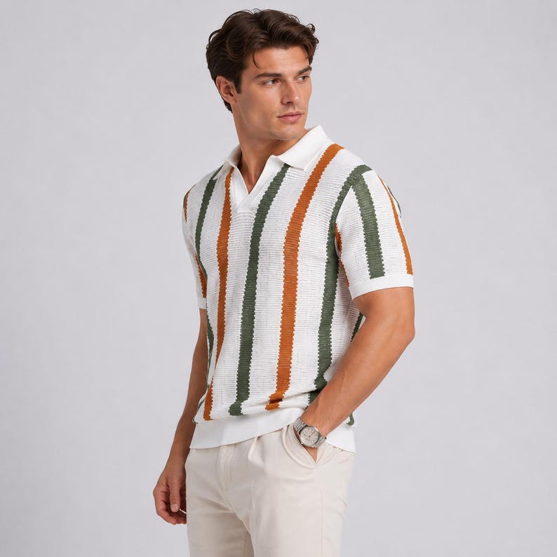 Men's Knit Polo Shirt: Ribbed Striped Short Sleeve Top, Retro Vintage Style