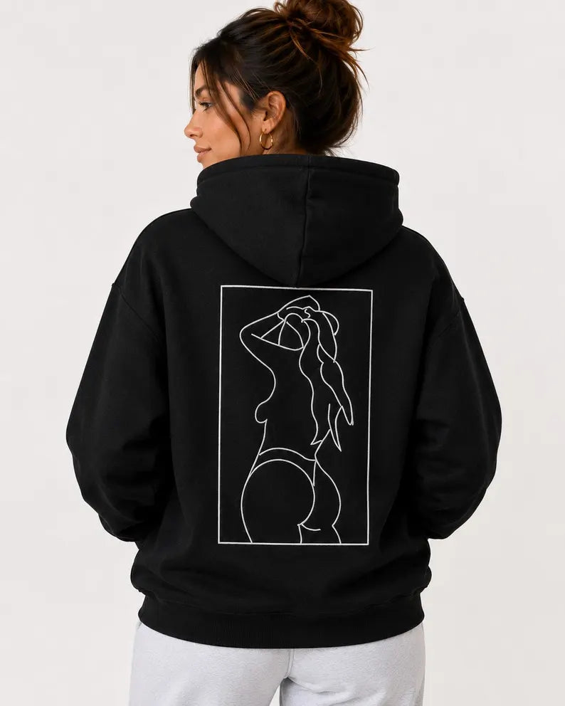 Minimalist Line Art Embroidered Hoodie - Oversized Pullover & Aesthetic Unisex Sweatshirt