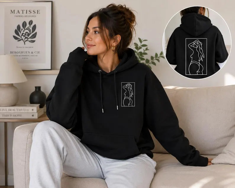 Minimalist Line Art Embroidered Hoodie - Oversized Pullover & Aesthetic Unisex Sweatshirt