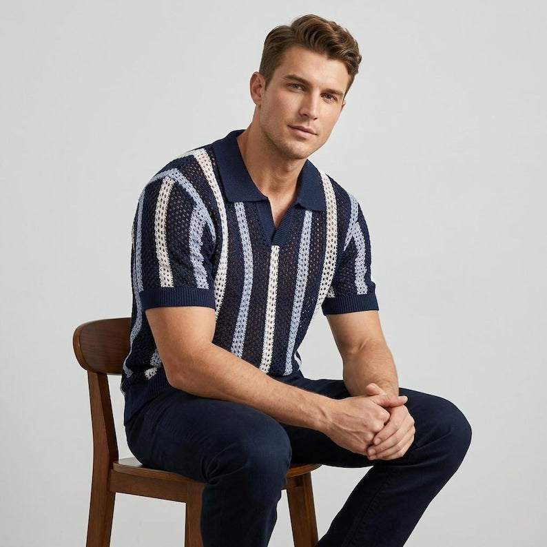 Men's Knit Polo Shirt: Open-Knit Striped Summer Beach Top