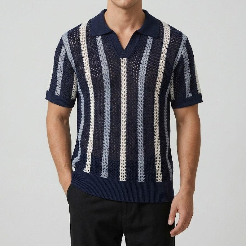 Men's Knit Polo Shirt: Open-Knit Striped Summer Beach Top