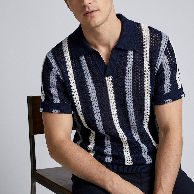 Men's Knit Polo Shirt: Open-Knit Striped Summer Beach Top