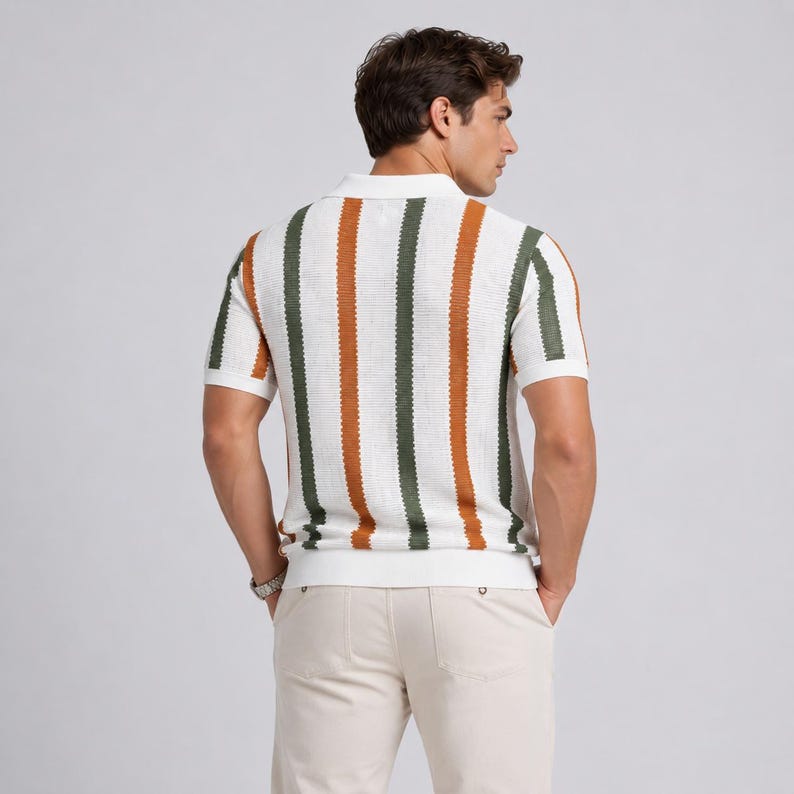 Men's Knit Polo Shirt: Ribbed Striped Short Sleeve Top, Retro Vintage Style