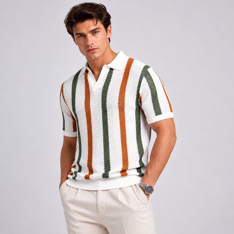 Men's Knit Polo Shirt: Ribbed Striped Short Sleeve Top, Retro Vintage Style