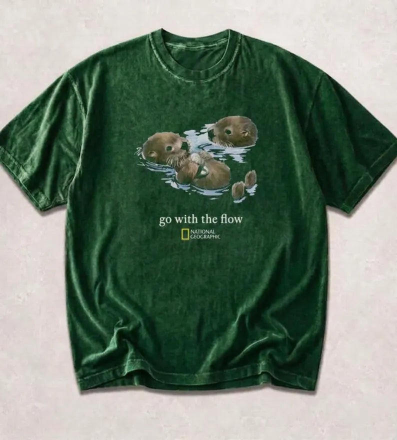 National Geographic Otters "Go With The Flow" Graphic Tee - Unisex Cotton Shirt & Cute Animal Lover Gift