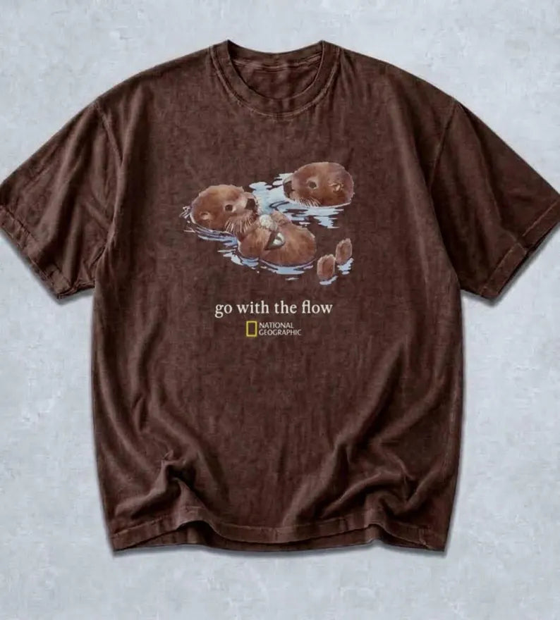 National Geographic Otters "Go With The Flow" Graphic Tee - Unisex Cotton Shirt & Cute Animal Lover Gift