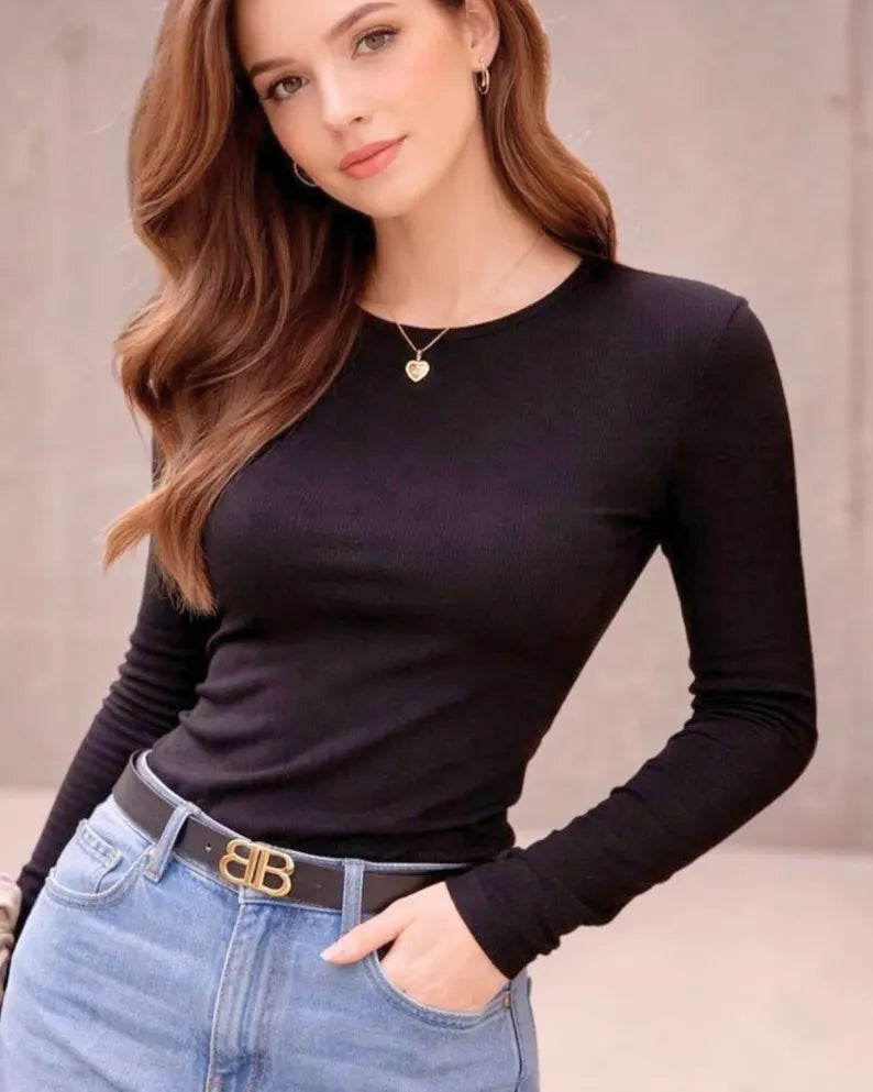 Women's Long Sleeve Ribbed Basic T-Shirt