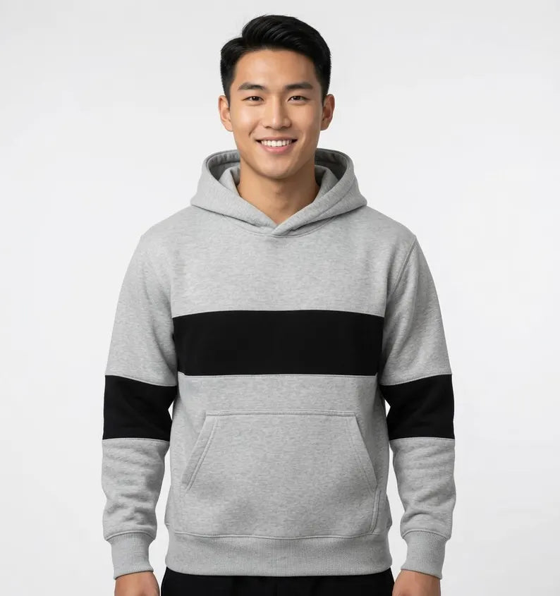 Grey & Black Striped Unisex Fleece Hoodie