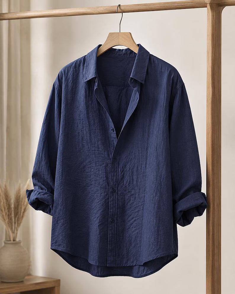 Men's Oversized Linen-Style Shirt | Relaxed Fit Long Sleeve Button-Up