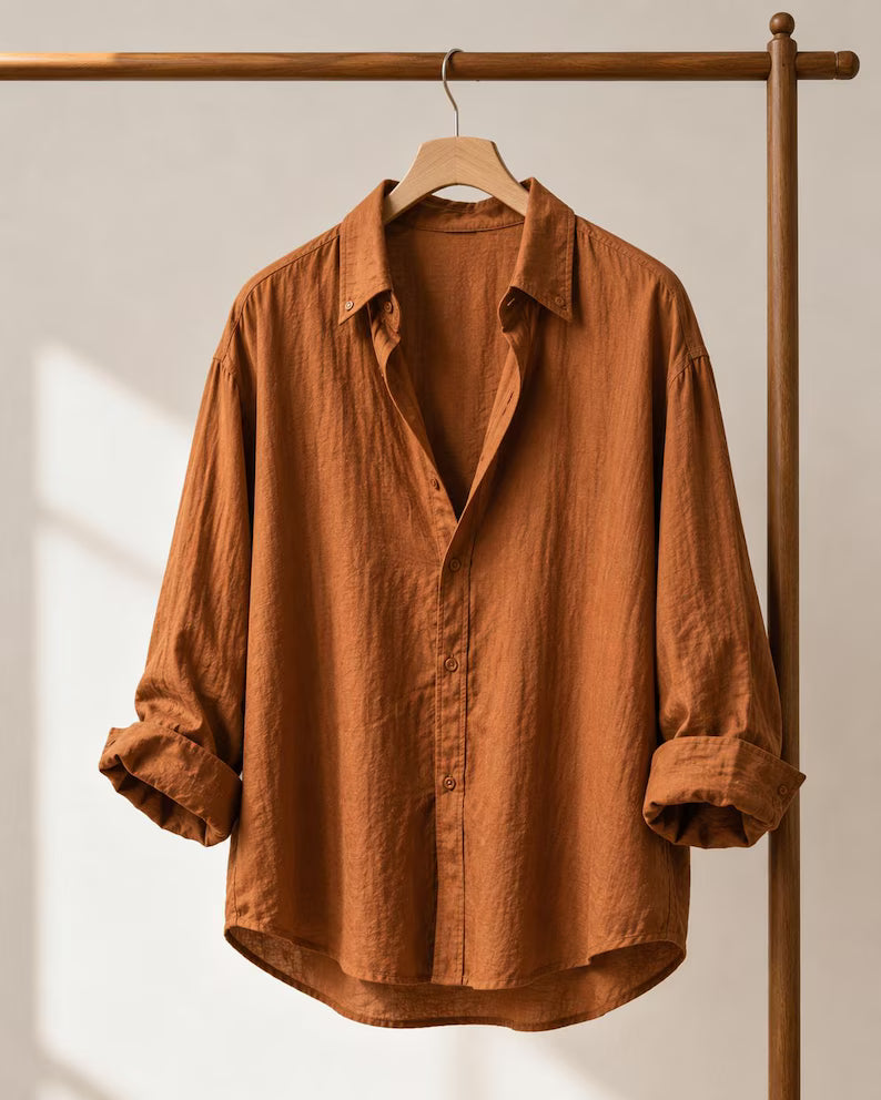 Men's Oversized Linen-Style Shirt | Relaxed Fit Long Sleeve Button-Up