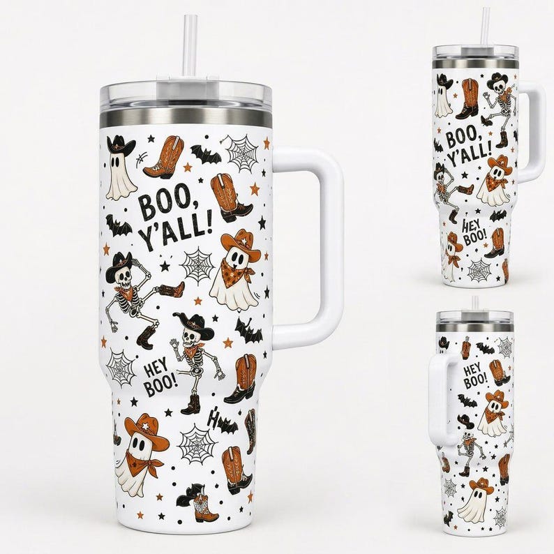 Halloween Ghost Cowboy 40oz Tumbler: Western Boo Y'all Travel Mug