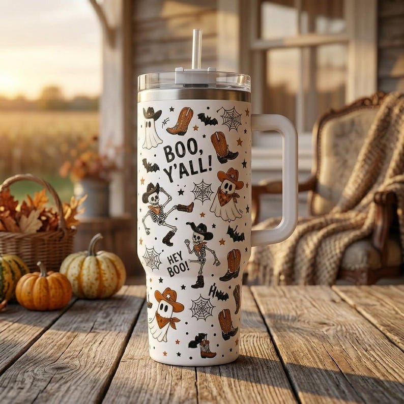 Halloween Ghost Cowboy 40oz Tumbler: Western Boo Y'all Travel Mug