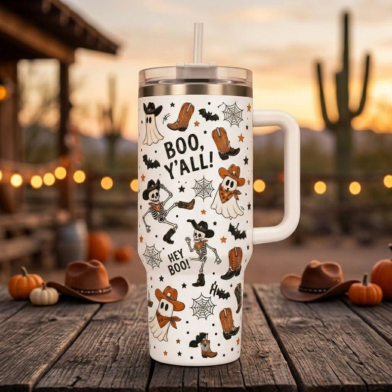 Halloween Ghost Cowboy 40oz Tumbler: Western Boo Y'all Travel Mug