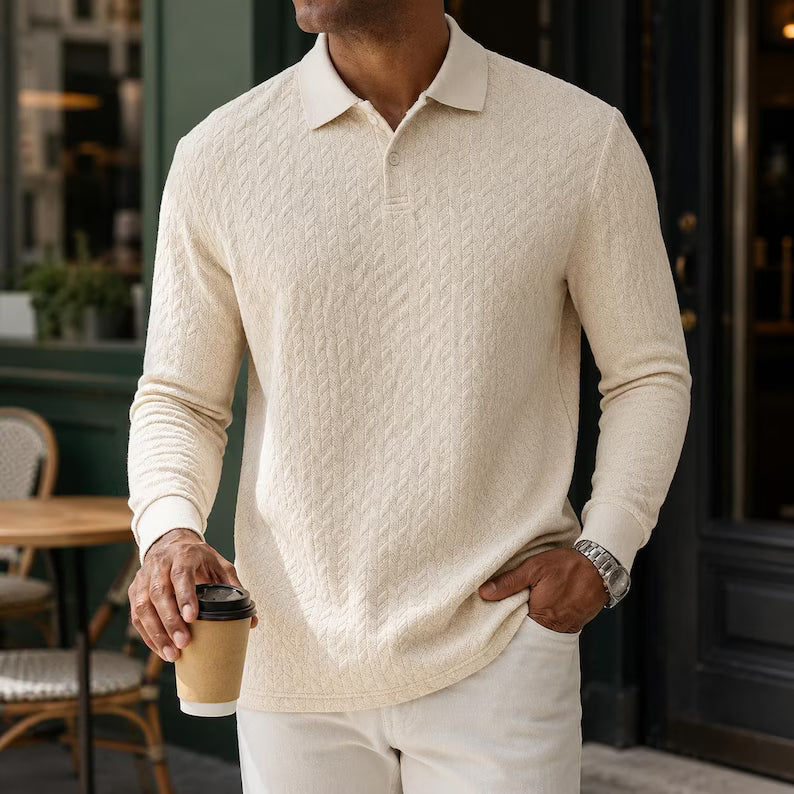 Men's Textured Knitted Long Sleeve Polo Shirt