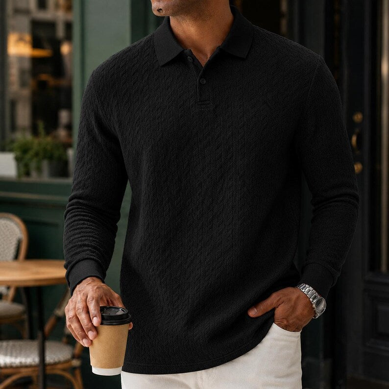 Men's Textured Knitted Long Sleeve Polo Shirt