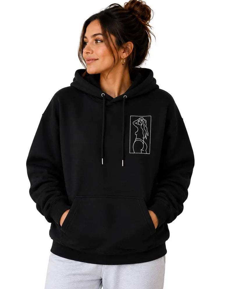 Minimalist Line Art Embroidered Hoodie - Oversized Pullover & Aesthetic Unisex Sweatshirt