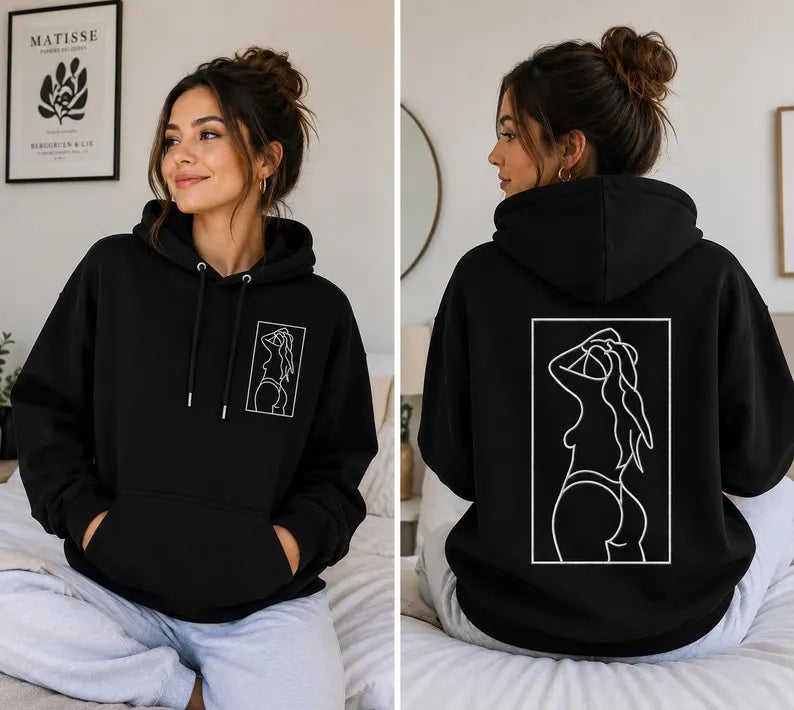 Minimalist Line Art Embroidered Hoodie - Oversized Pullover & Aesthetic Unisex Sweatshirt