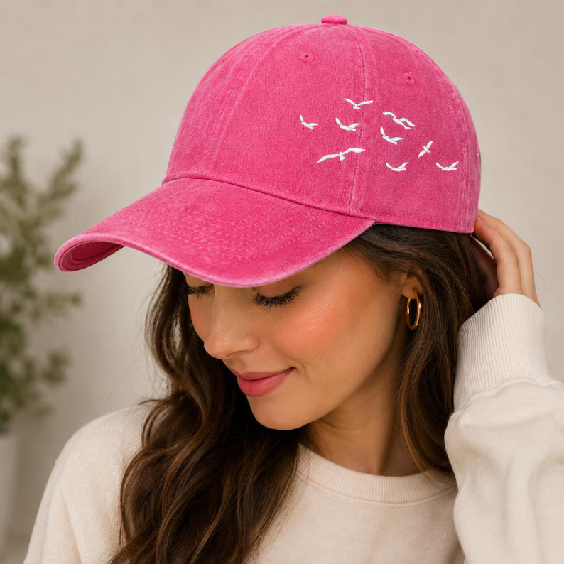 Bird Embroidered Washed Cotton Baseball Cap