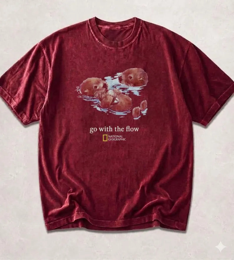 National Geographic Otters "Go With The Flow" Graphic Tee - Unisex Cotton Shirt & Cute Animal Lover Gift