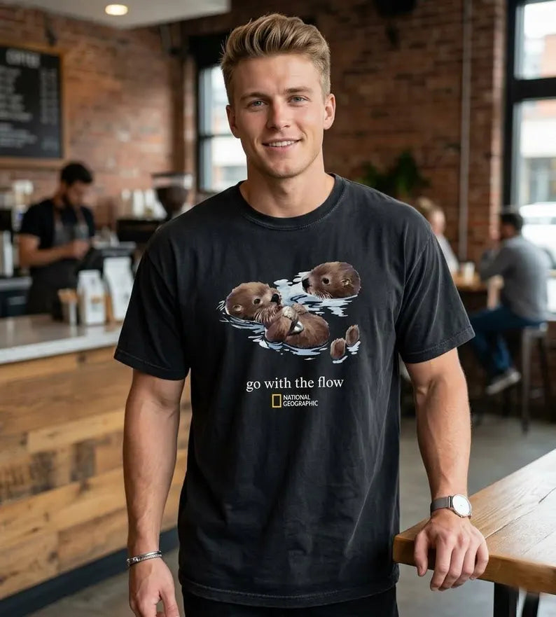 National Geographic Otters "Go With The Flow" Graphic Tee - Unisex Cotton Shirt & Cute Animal Lover Gift