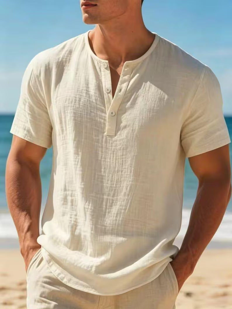 Men's Short Sleeve Cotton Linen Henley Shirt