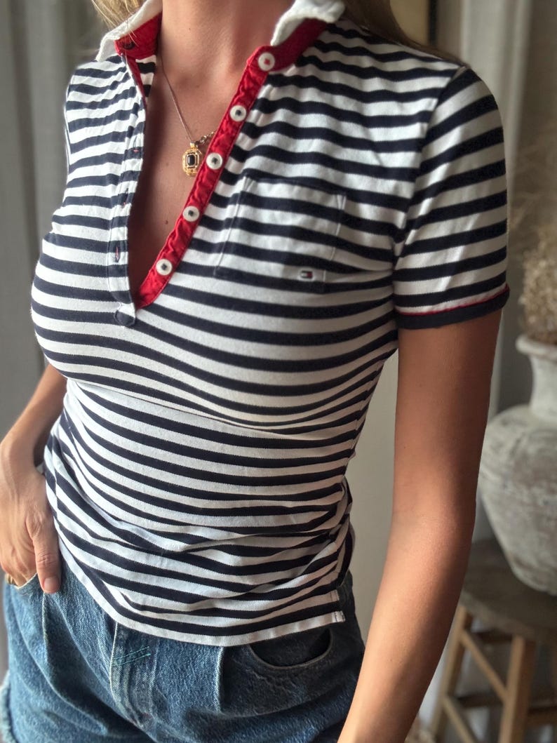 Vintage Tommy Hilfiger Polo Shirt: Navy Blue White Red Striped Cotton Tee