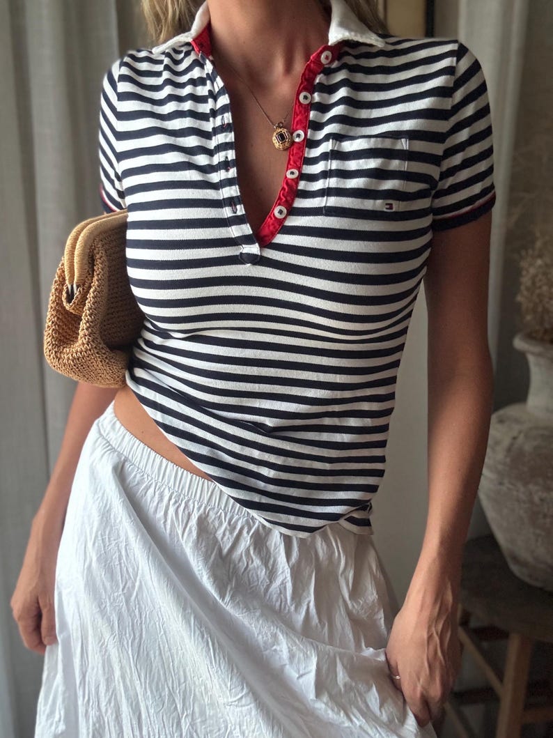 Vintage Tommy Hilfiger Polo Shirt: Navy Blue White Red Striped Cotton Tee