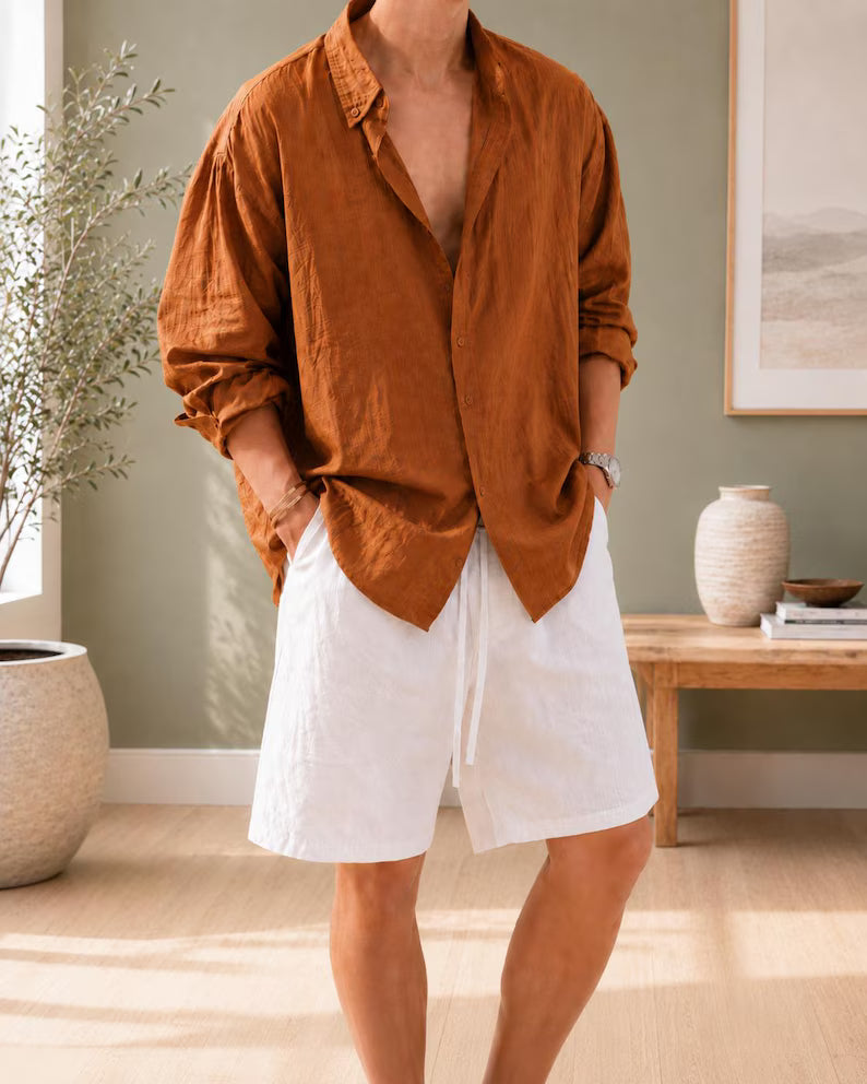 Men's Oversized Linen-Style Shirt | Relaxed Fit Long Sleeve Button-Up