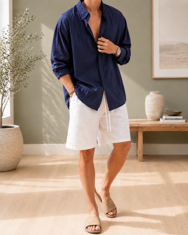 Men's Oversized Linen-Style Shirt | Relaxed Fit Long Sleeve Button-Up