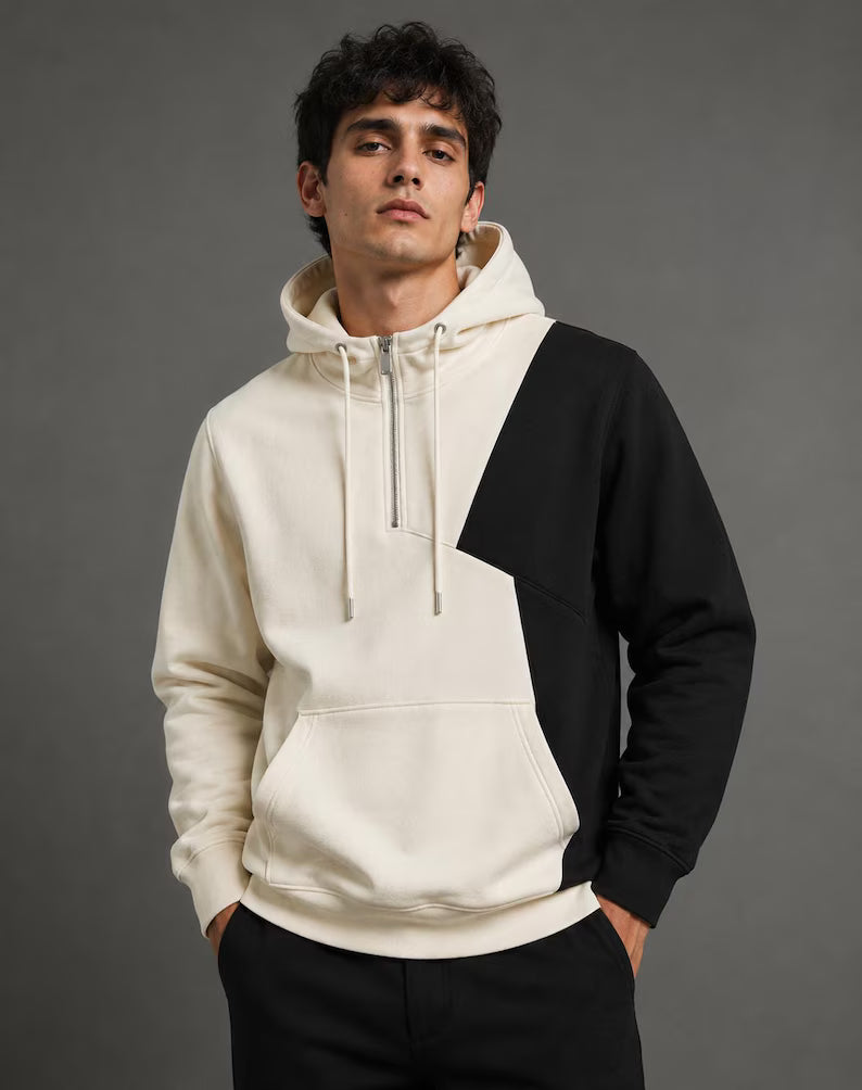 Men's Split Panel Half-Zip Hoodie | Color Block Pullover