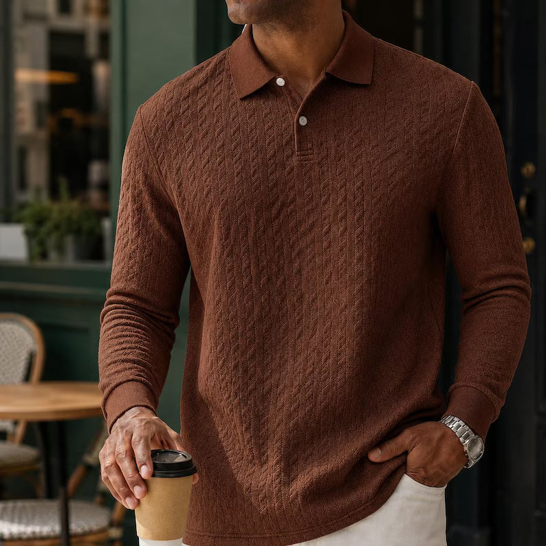 Men's Textured Knitted Long Sleeve Polo Shirt