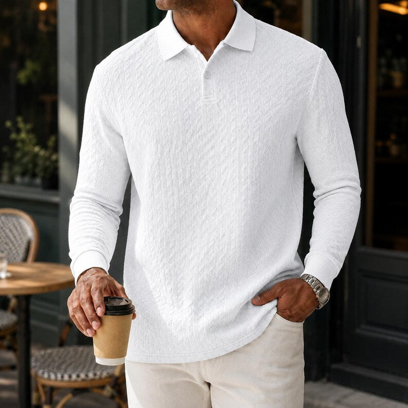 Men's Textured Knitted Long Sleeve Polo Shirt