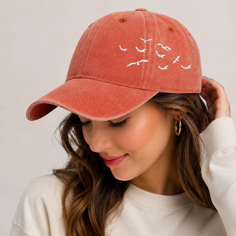 Bird Embroidered Washed Cotton Baseball Cap